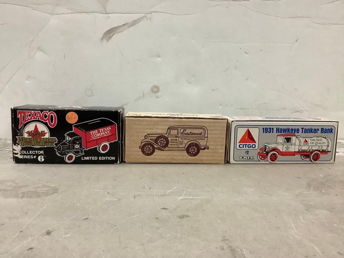 Lot of Hawkeye Tanker Bank, Panel Delivery Bank, and Texaco MackBulldog Truck: Lot of Hawkeye Tanker Bank, Panel Delivery Bank, and Texaco MackBulldog Truck