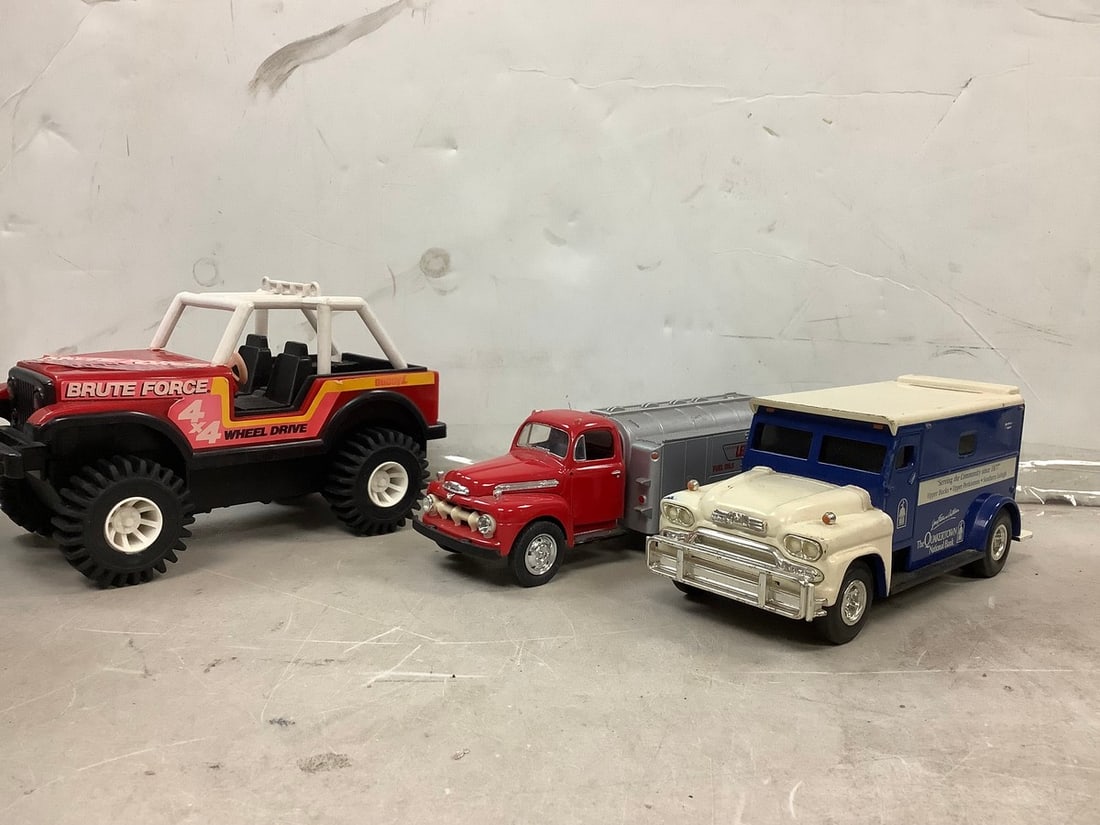 Buddy L brute force, Lefler 1972 truck, GMC armored truck bank: Buddy L brute force, Lefler 1972 truck, GMC armored truck bank