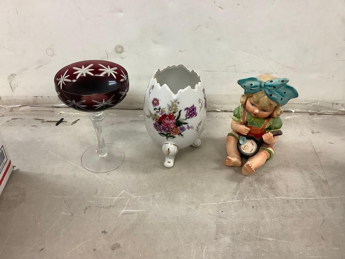 Vintage porcelain floral egg, Bohemian rudy cut crystal cup and vintage LIPPER and MANN farm girl (1 of 1)