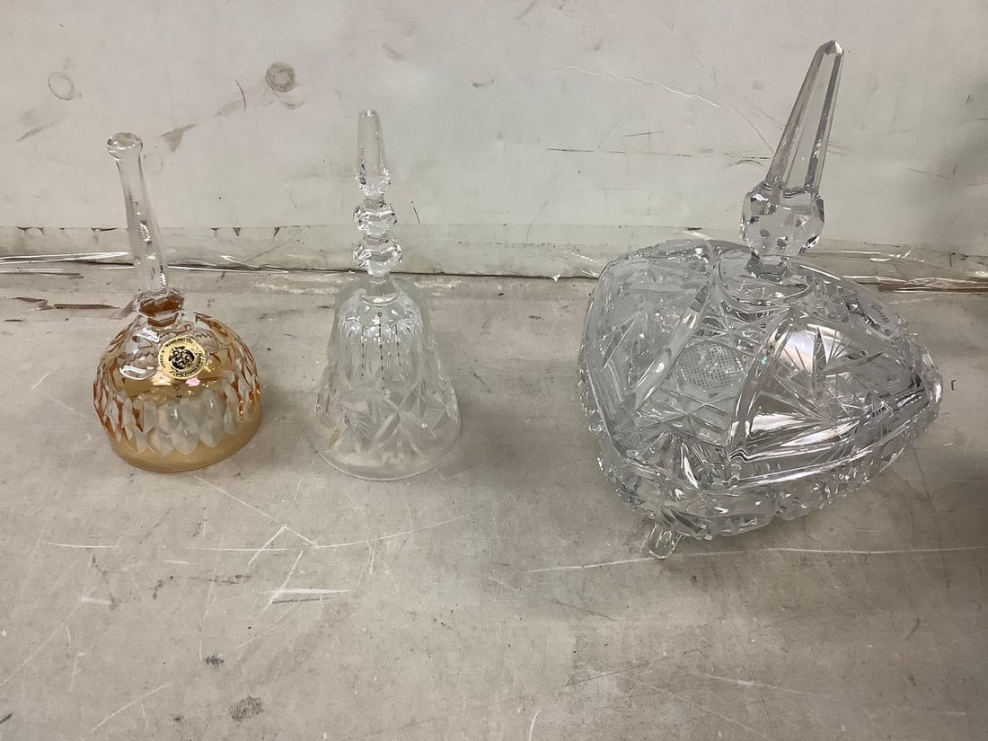 Crystal trinket bowl with top 10in tall and crystal bells: Crystal trinket bowl with top 10in tall and crystal bells