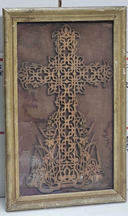 Antique Framed Intricate Wood Cut Carved Cross 19x12" (1 of 2)