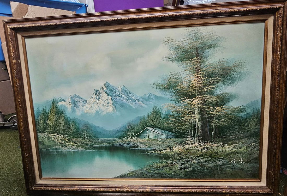 Vintage Oil on Canvas Lake Scene Signed K. Smith frame; 29x41" (1 of 2)