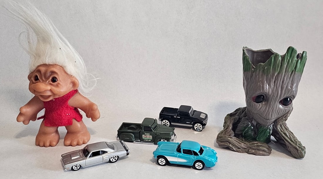 Vintage Troll, Hot Wheels, Baby Groot Planter: Vintage Troll, Hot Wheels, Baby Groot Planter