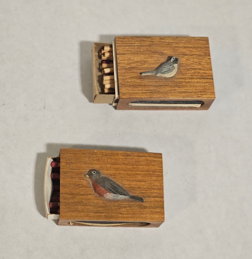 Vintage Wooden with Carved Bird Matchboxes: Vintage Wooden with Carved Bird Matchboxes