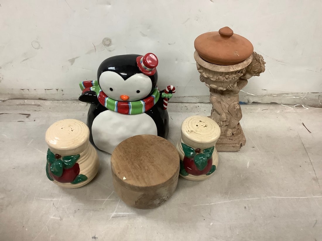 Lot of decorative ceramic salt and pepper shakers, penguin cookie jar, and more(tallest 8in.) (1 of 1)