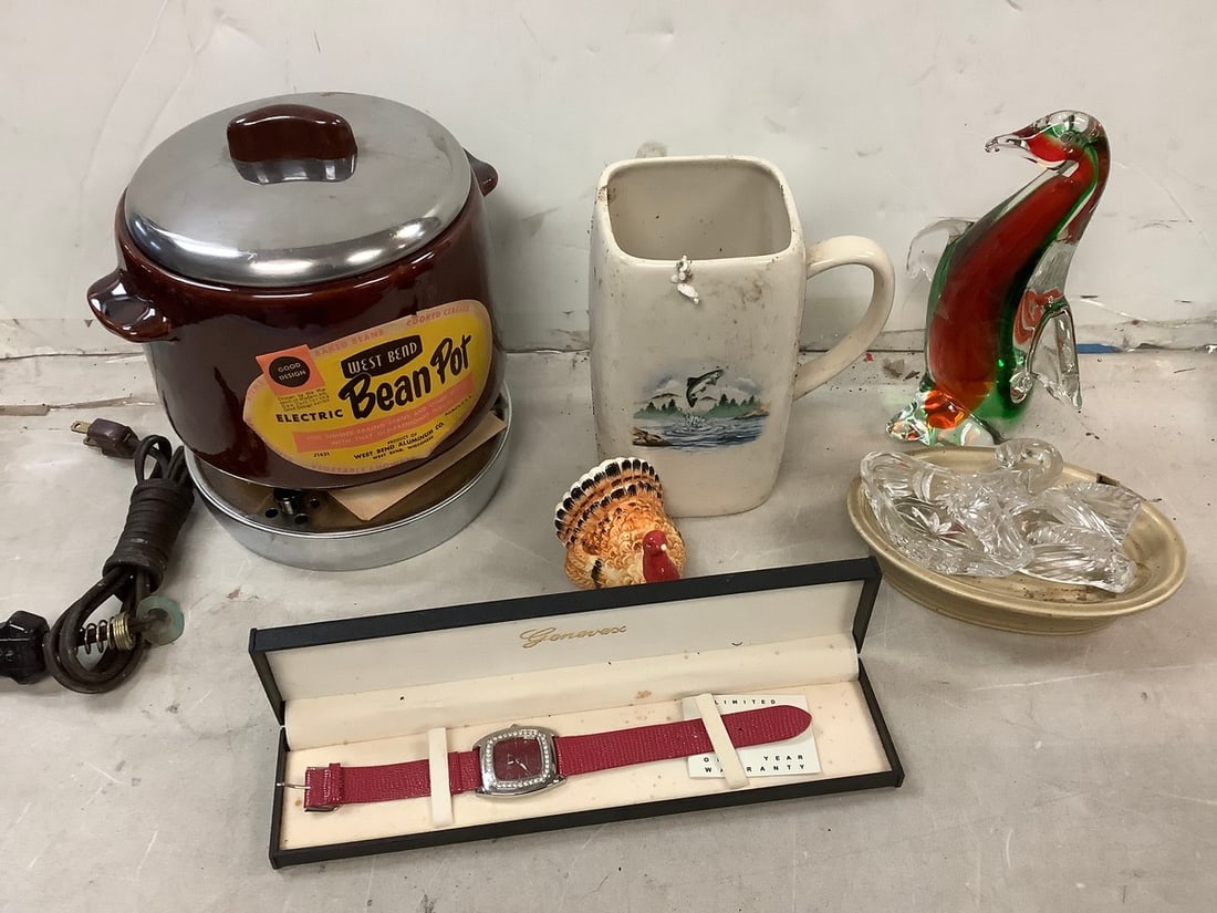 Lot of decorative mug, trinkets, bean pot, watch, and more tallest 8.5in.: Lot of decorative mug, trinkets, bean pot, watch, and more tallest 8.5in.