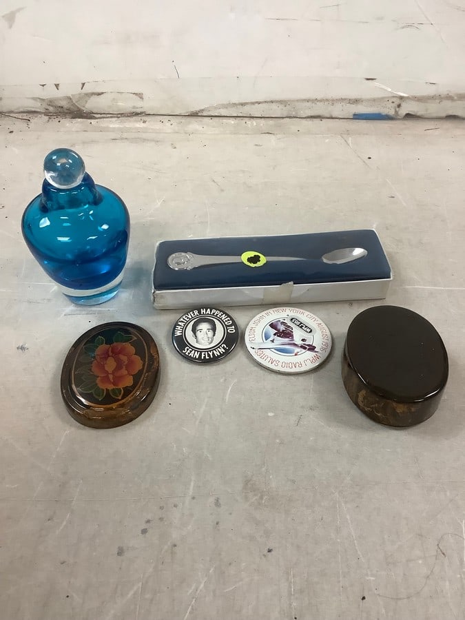 trinket box, poltical button, art glass dresser bottle and more: trinket box, poltical button, art glass dresser bottle and more
