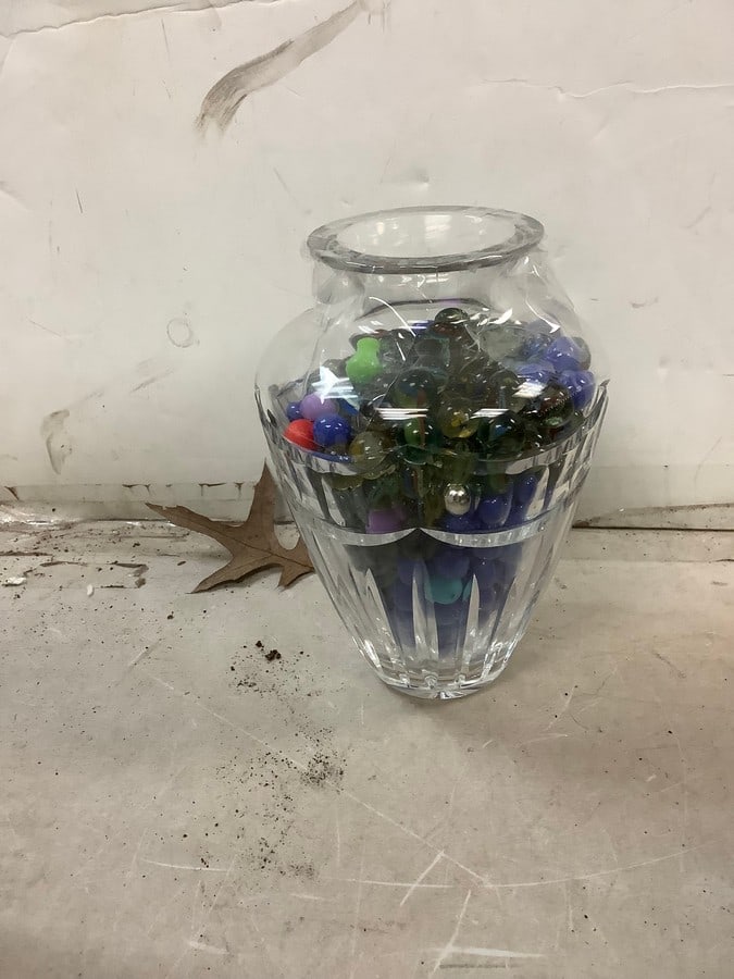 crystal lidded jar unmarked with vintage marbles 9" tall: crystal lidded jar unmarked with vintage marbles 9" tall