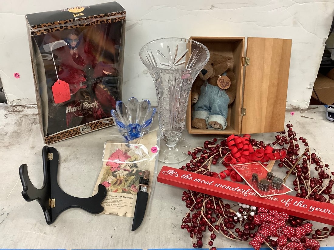 Lot of Hard Rock Barbie doll, vases, ornament hooks, and more: Lot of Hard Rock Barbie doll, vases, ornament hooks, and more