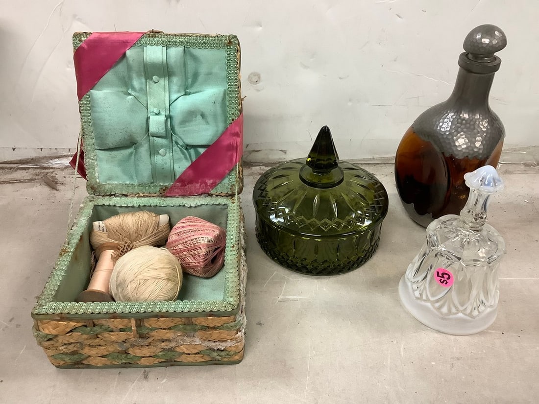 Pewter line bottle, green glass, and more: Pewter line bottle, green glass, and more