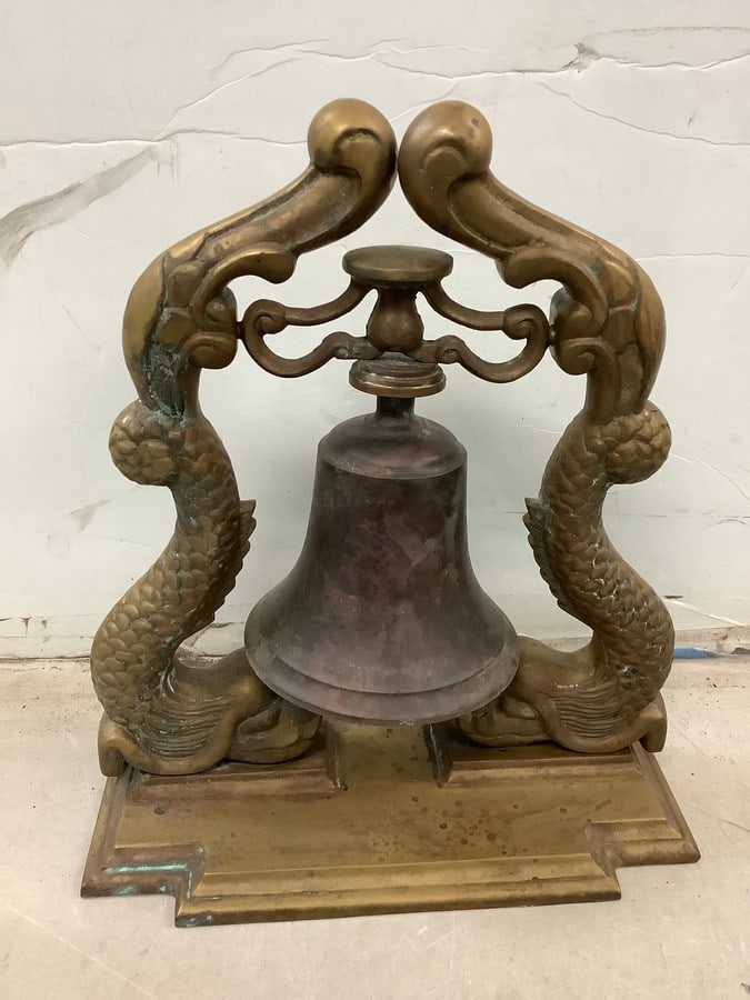 Nautical bell brass dolphin supports 19th century 18x16in. (1 of 1)
