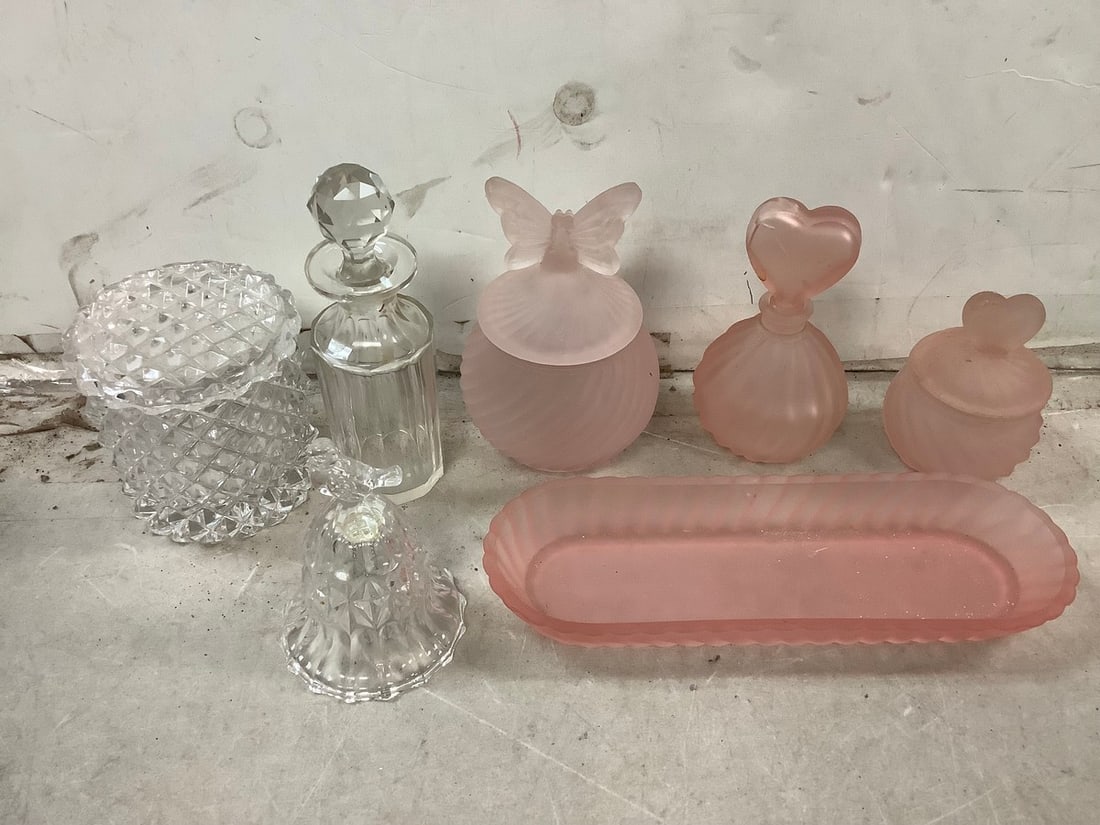 Lot of pink and crystal glass jars with tops and more: Lot of pink and crystal glass jars with tops and more