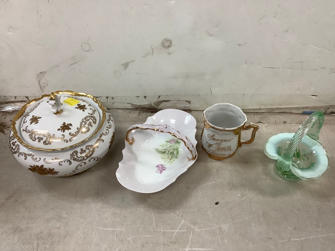 Lot of Fenton glass basket, ceramic dish, cup, and more (1 of 1)