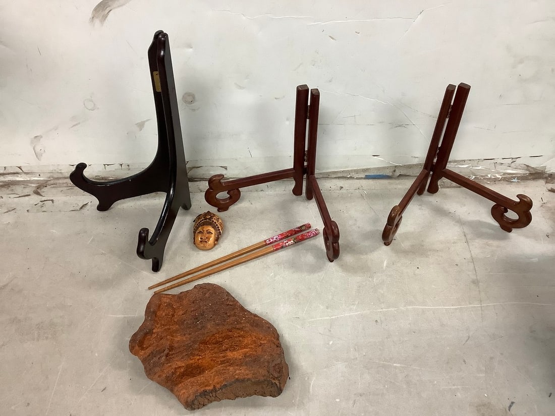 Lot of wooden display stands, hand carved items, and more (1 of 1)