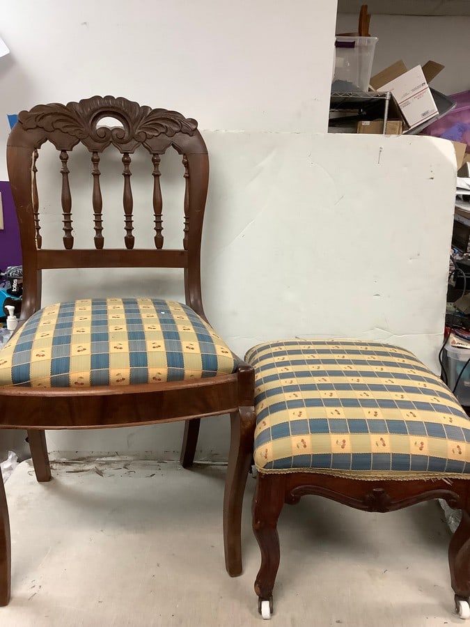 Hand carved chair 34in.tall and ottoman with wheels: Hand carved chair 34in.tall and ottoman with wheels