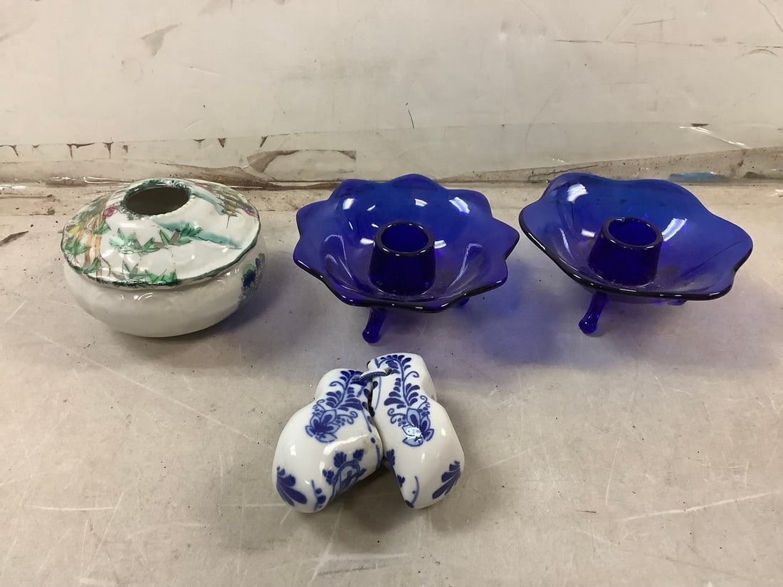 Lot of blue depression glass candle holders, ceramic shoes, and more (1 of 1)