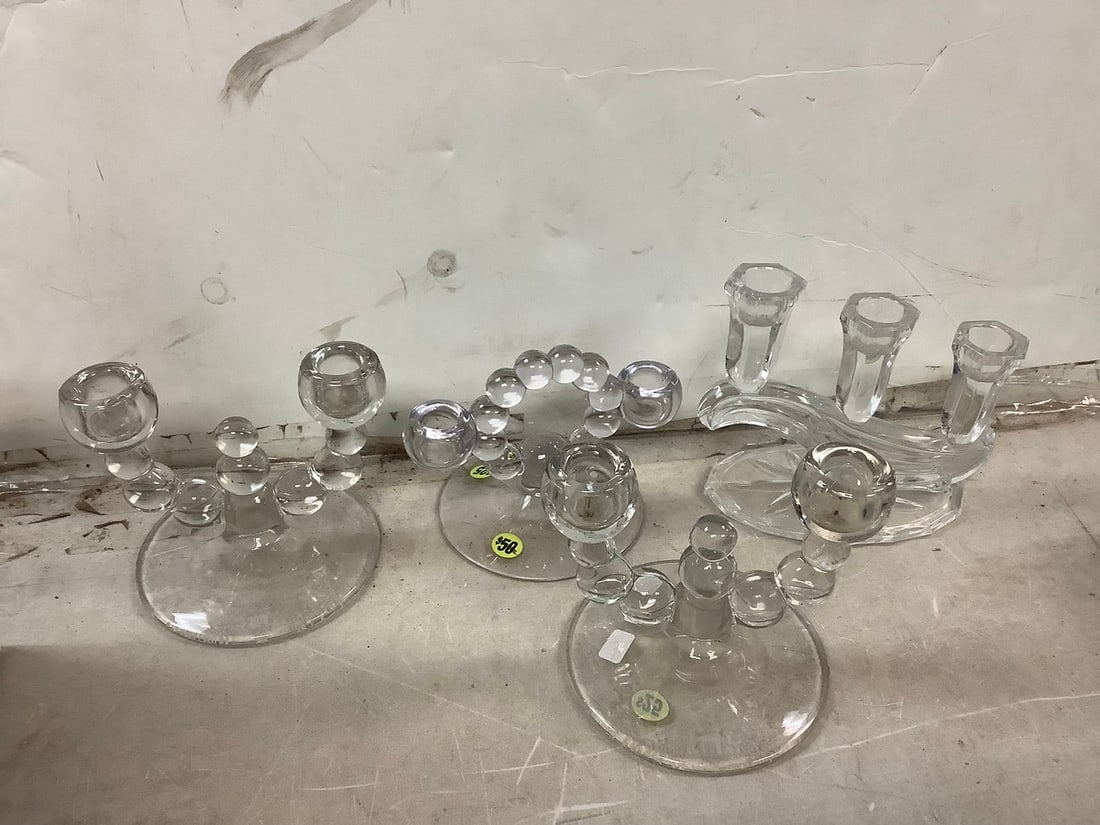 Lot of various glass candleholders(6.5in.tallest): Lot of various glass candleholders(6.5in.tallest)