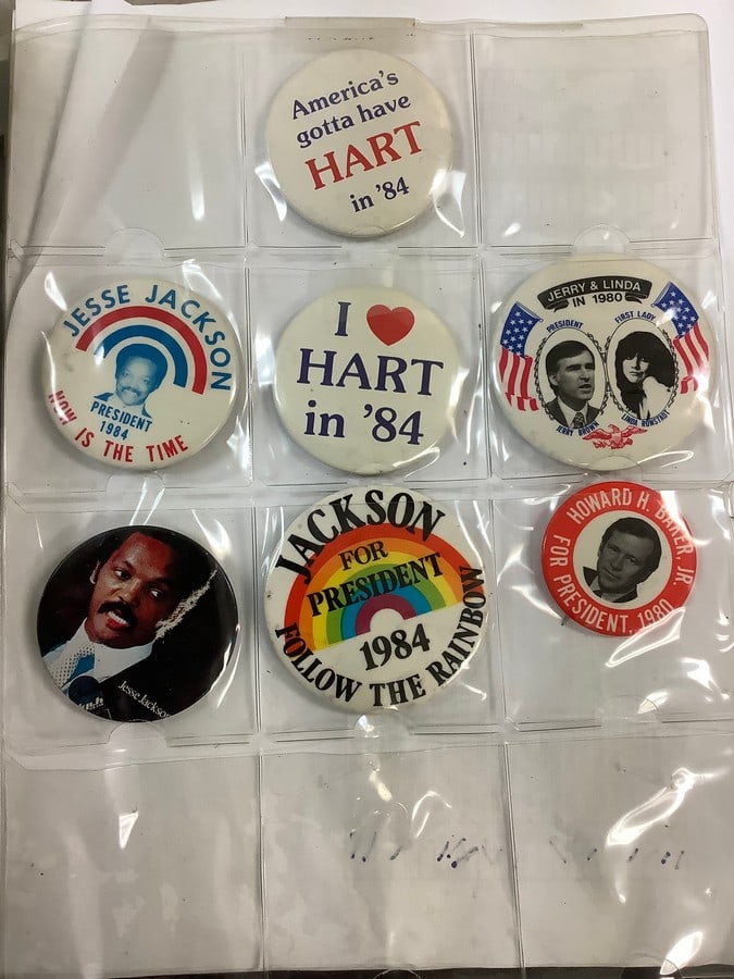 Lot of vintage presidential pins(Hart, Jackson, Baker, and more): Lot of vintage presidential pins(Hart, Jackson, Baker, and more)