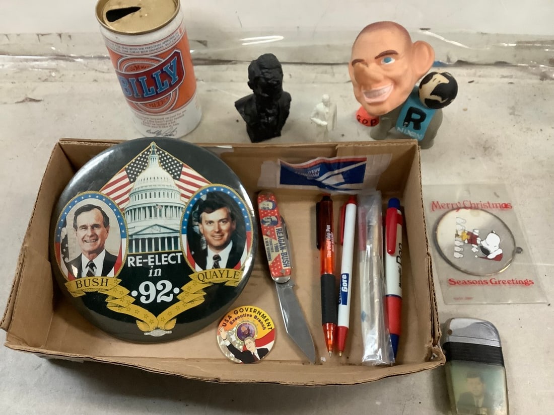 Lot of vintage presidential pins, Reagan-Bush pocket knife, toy statue, and more) (1 of 1)