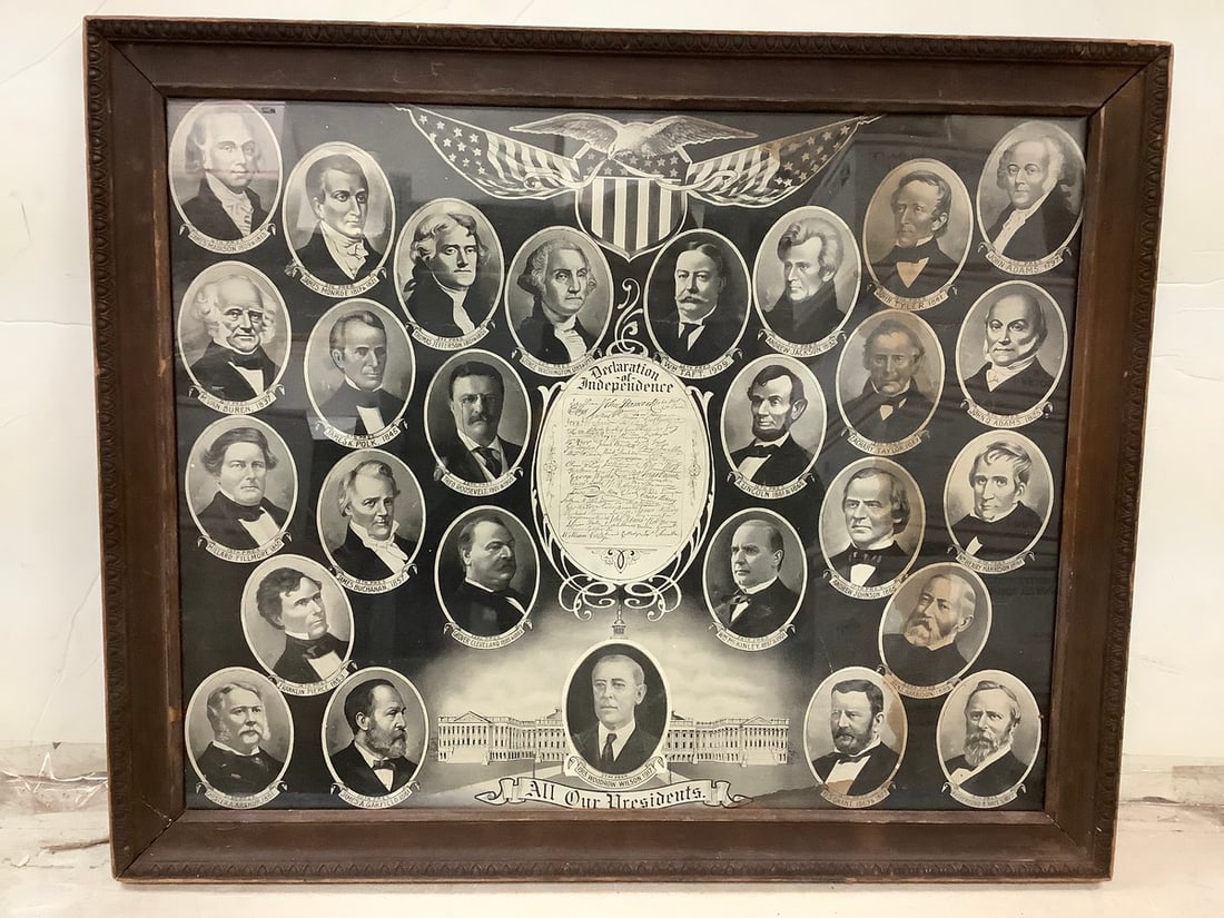 Black and white framed presidential photos surrounding Declaration of Independence 23x19in. (1 of 1)