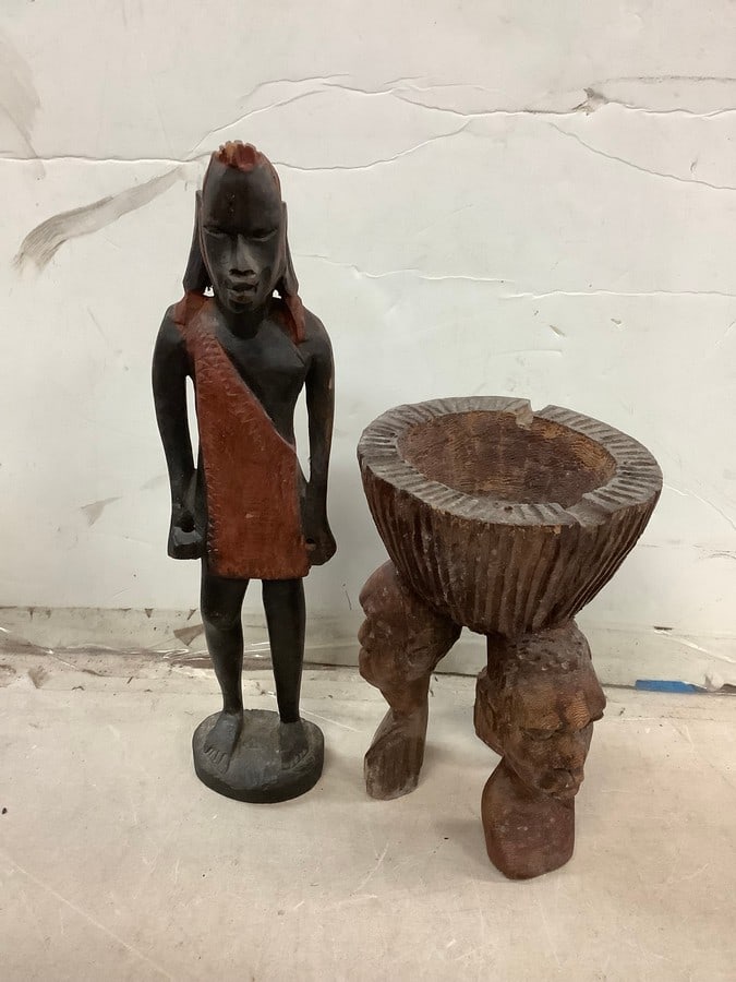 Hand carved ashtray and figure tallest 12in.: Hand carved ashtray and figure tallest 12in.