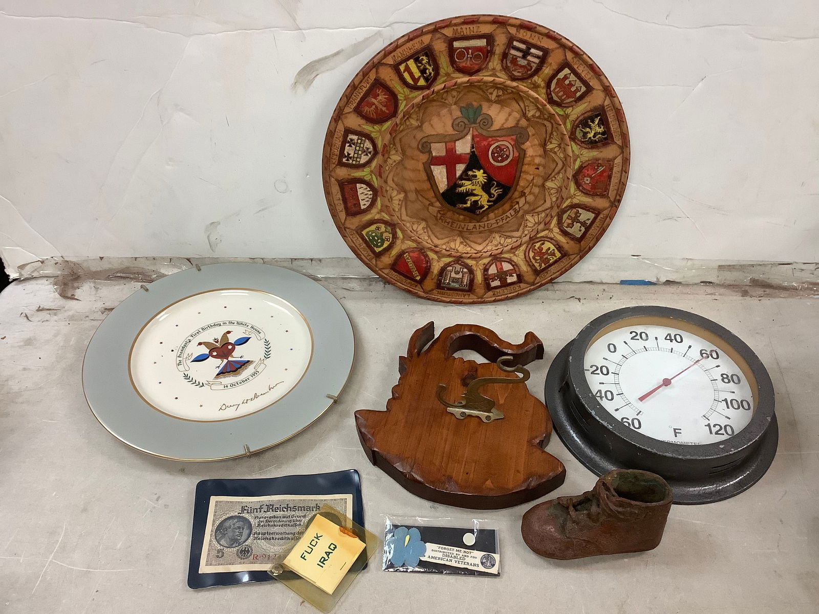 Lot of Blooms Historic collectible plate, wooden wall decor, vintage thermometer, and more (1 of 1)