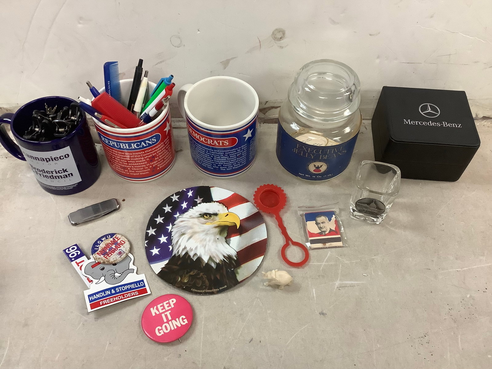 Lot of mercedes benz key fob, political mugs, and more: Lot of mercedes benz key fob, political mugs, and more
