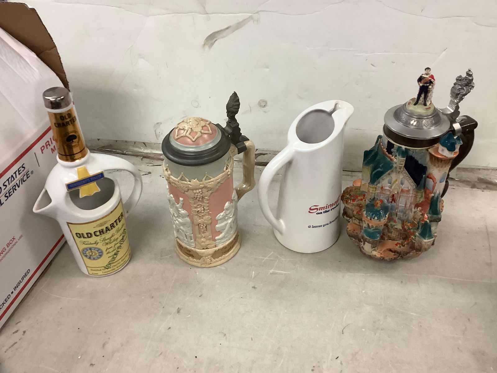 Smirnoff Vodka, Old Charter Pitchers and German JJ Limited Edition and Davenport Stein Cracked 12in (1 of 1)