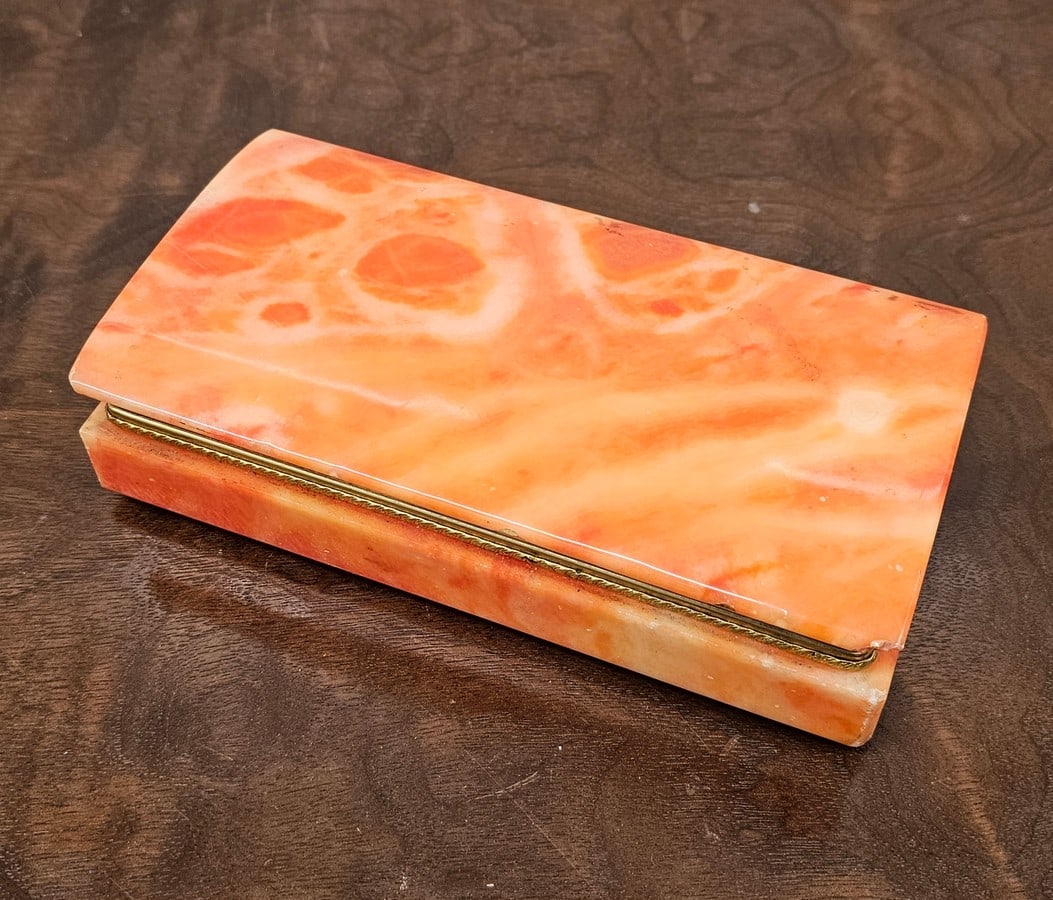 Orange Marble Stone Jewelry Dresser Box with Brass Accents: note small corner chip, heavy