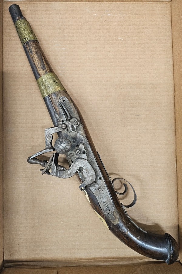 Antique Ornate Bone Inlaid Black Powder Gun 18" long: Antique Ornate Bone Inlaid Black Powder Gun 18" long