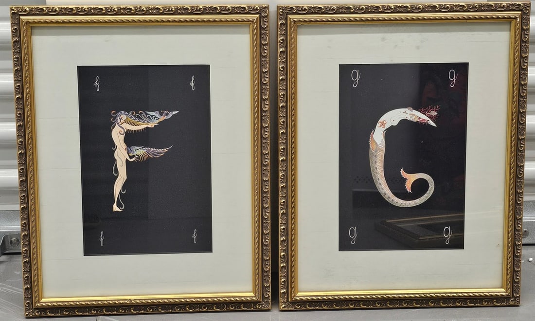 Erte Alphabet Prints F and G in gold gilt frames (1 of 1)