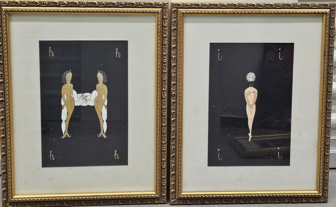 Erte Alphabet Prints H and I in gold gilt frames: frame; 17.5x14" each