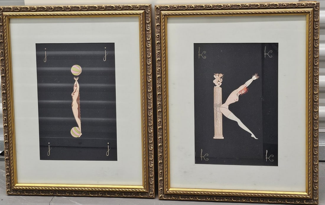 Erte Alphabet Prints J and K in gold gilt frames: frame; 17.5x14" each