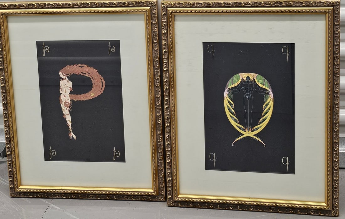 Erte Alphabet Prints P and Q in gold gilt frames: frame; 17.5x14" each