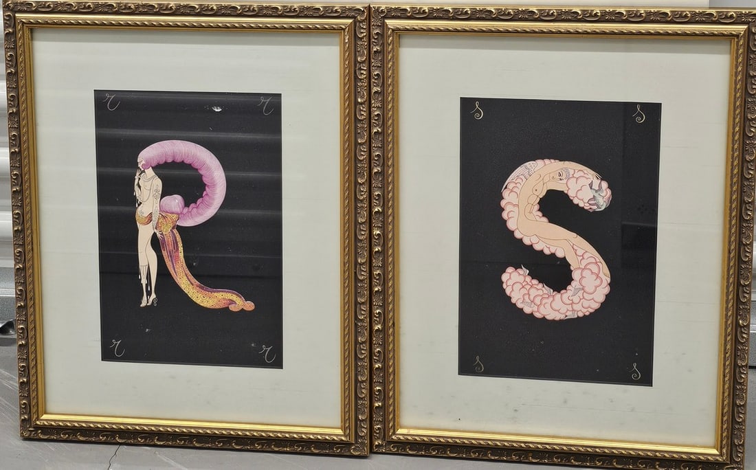 Erte Alphabet Prints R and S in gold gilt frames: frame; 17.5x14" each