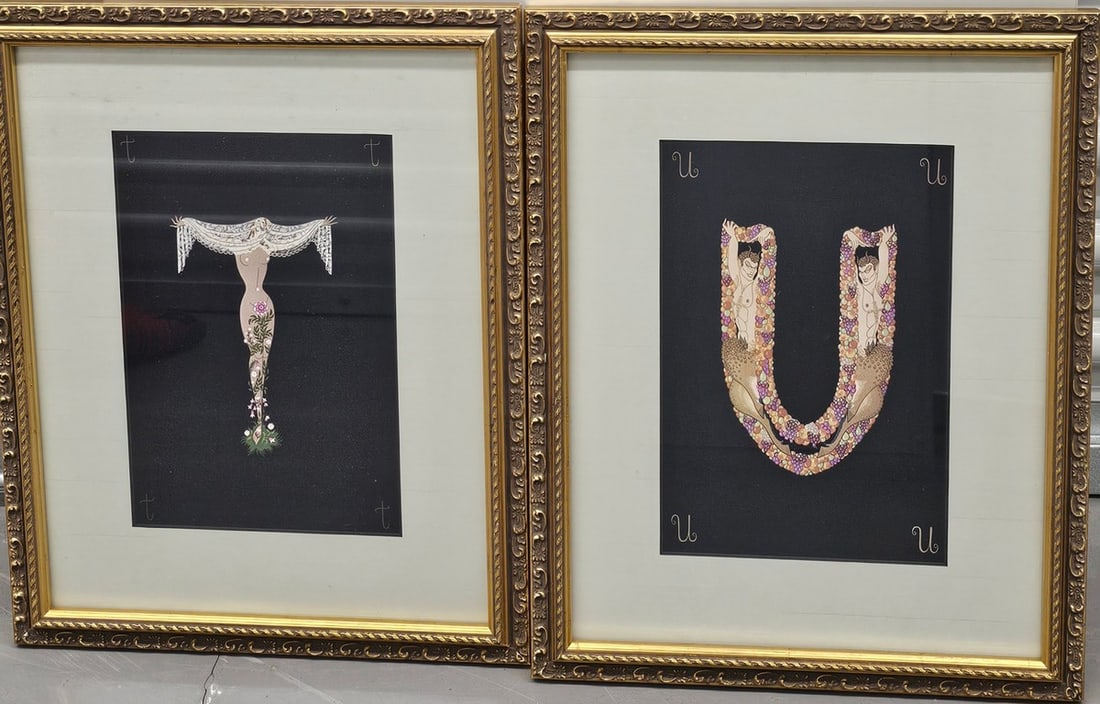 Erte Alphabet Prints T and U in gold gilt frames: frame; 17.5x14" each