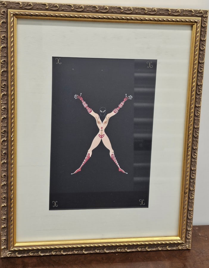 Erte Alphabet Print X in gold gilt frame: frame; 17.5x14" each