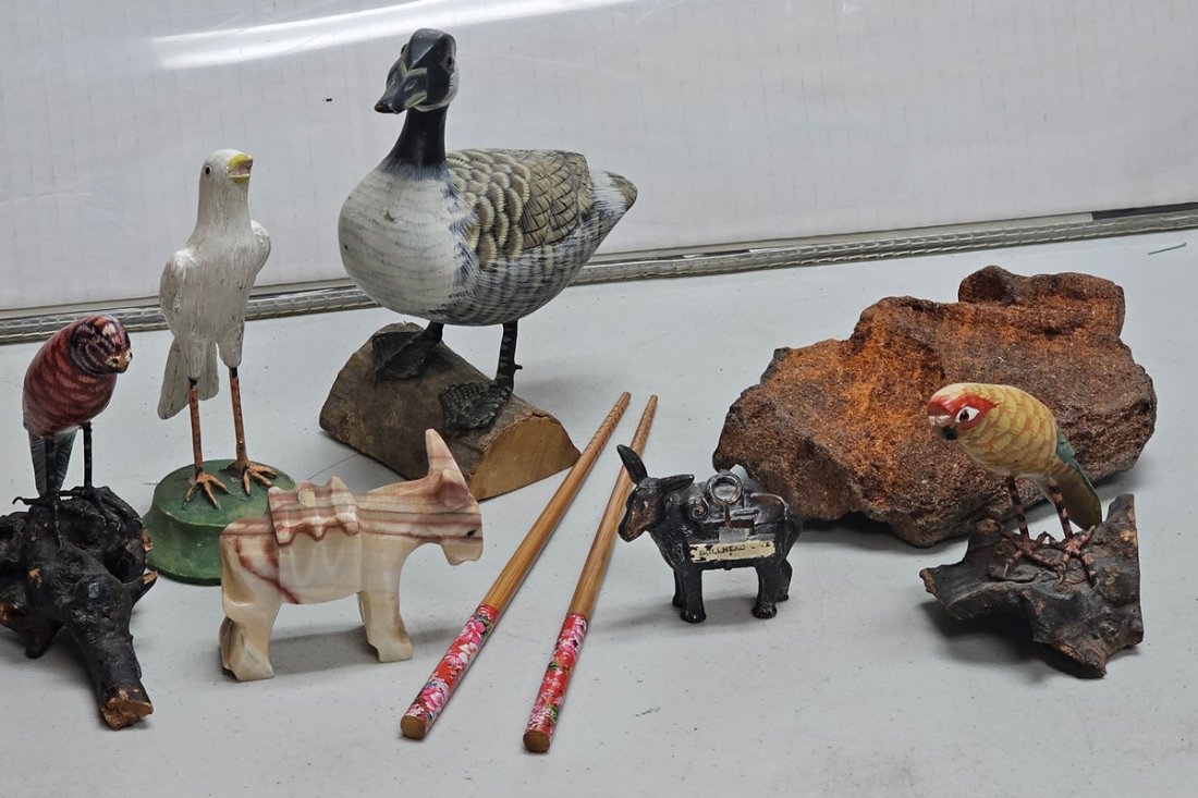 Smalls incl Hand carved Birds and Stone Donkey: Smalls incl Hand carved Birds and Stone Donkey