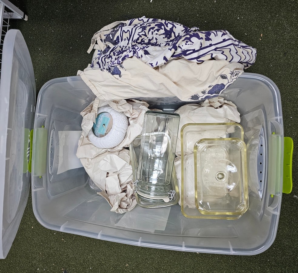 Tote of Kitchen ware, chair Covers, New Citronella Candles: Tote of Kitchen ware, chair Covers, New Citronella Candles