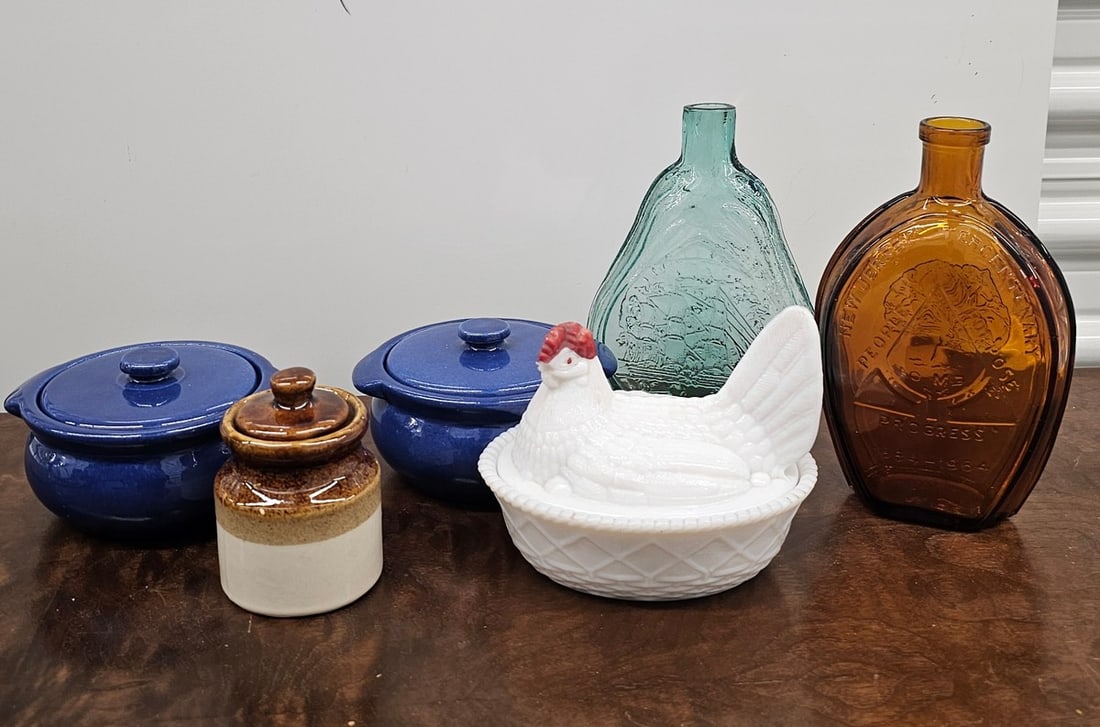 Vintage Rooster Milkglass Covered Dish, Ceramic Small Crocks, Wheaton Glass Bottles (1 of 1)