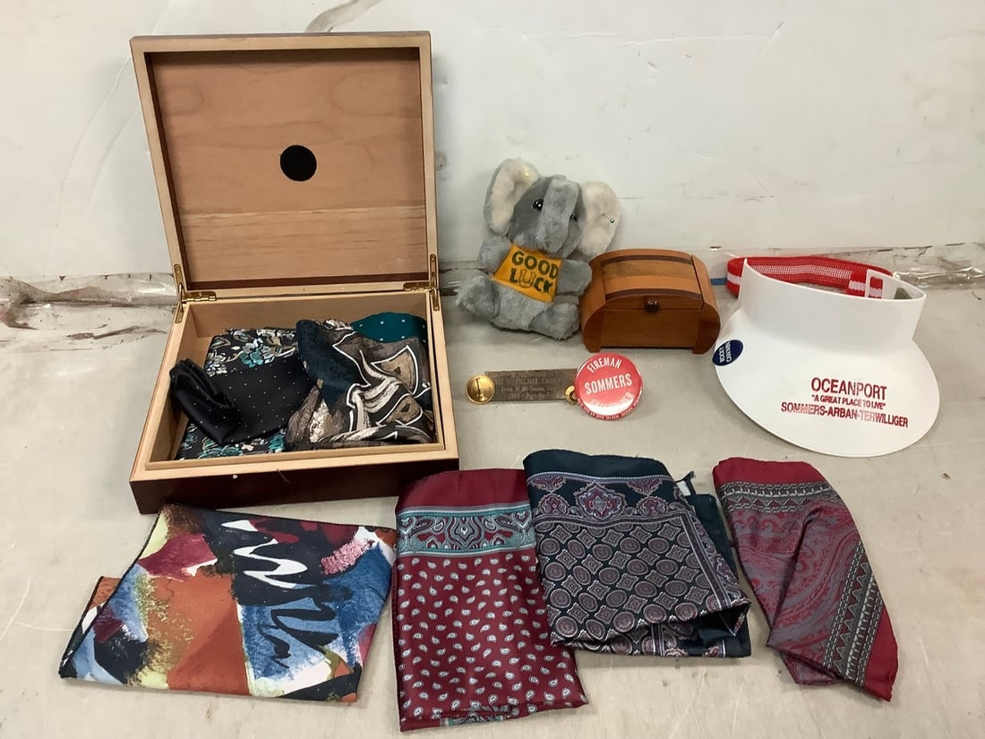 Lot of Assorted Silk Hankerchiefs, wooden boxes, and more (1 of 1)