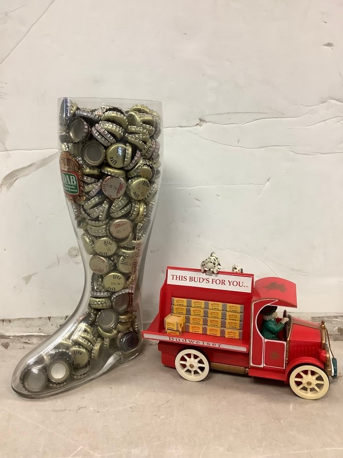Glass boot filled with bottle caps(13.25in.tall) and Enesco truck model: Glass boot filled with bottle caps(13.25in.tall) and Enesco truck model