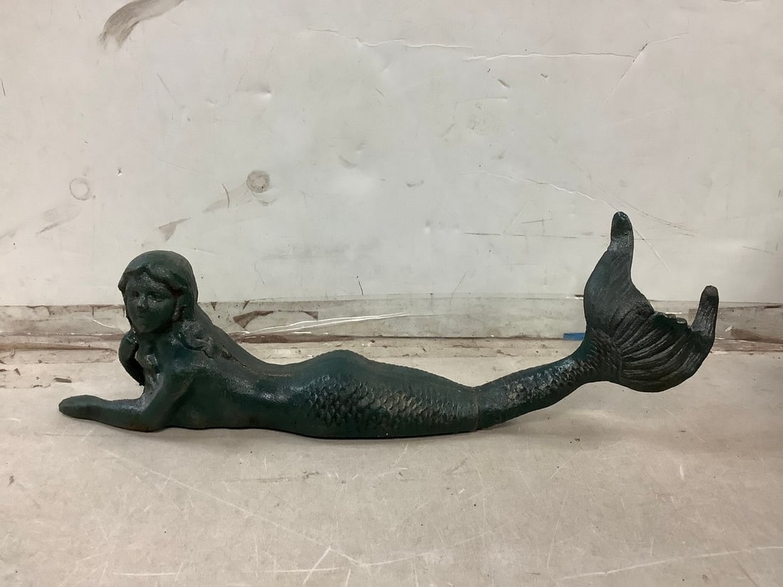 Green metal mermaid statue 17in.long (1 of 1)