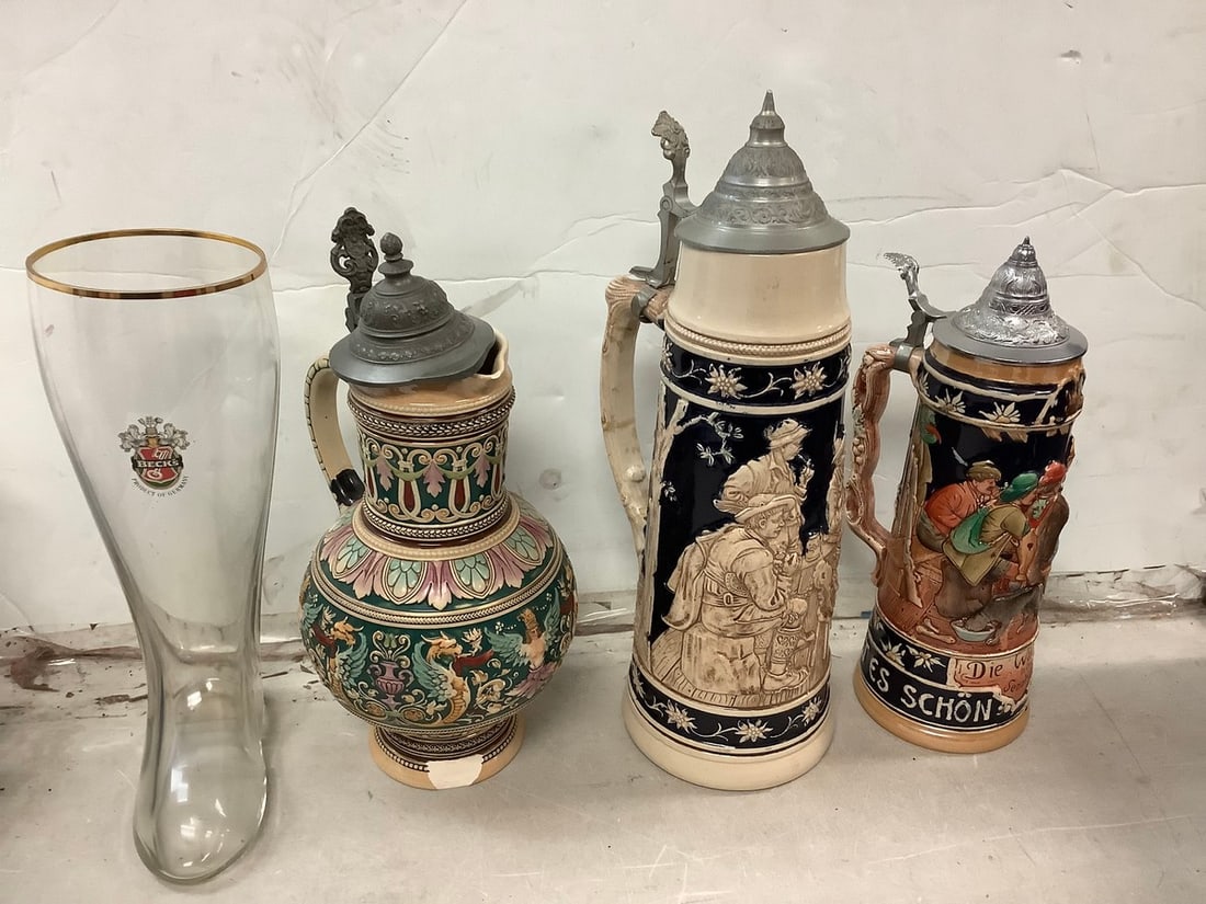 Lot of vintage steins(Metlock, Old Castle Germany, and more tallest 17.5in. ), and Becks glass boot: Lot of vintage steins(Metlock, Old Castle Germany, and more tallest 17.5in. ), and Becks glass boot )