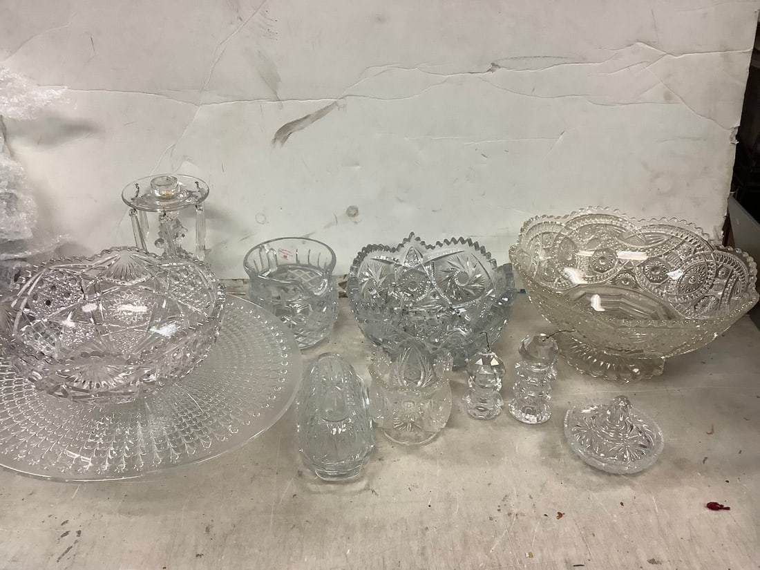 Lot of various crystal and cut glass items(butter dish, serving tray stand, pitcher, and more) (1 of 1)