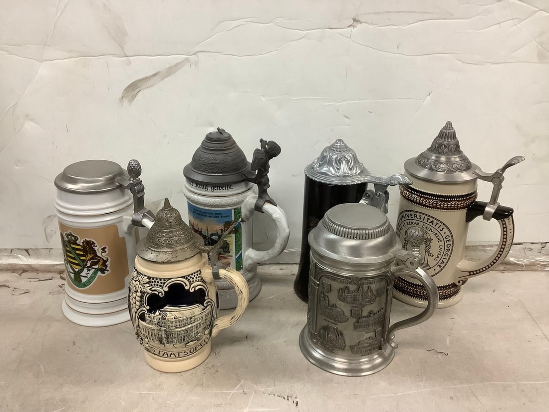 Lot of vintage steins(Gerz, Zinn Becker, and more)tallest 9.5in.: Lot of vintage steins(Gerz, Zinn Becker, and more)tallest 9.5in.