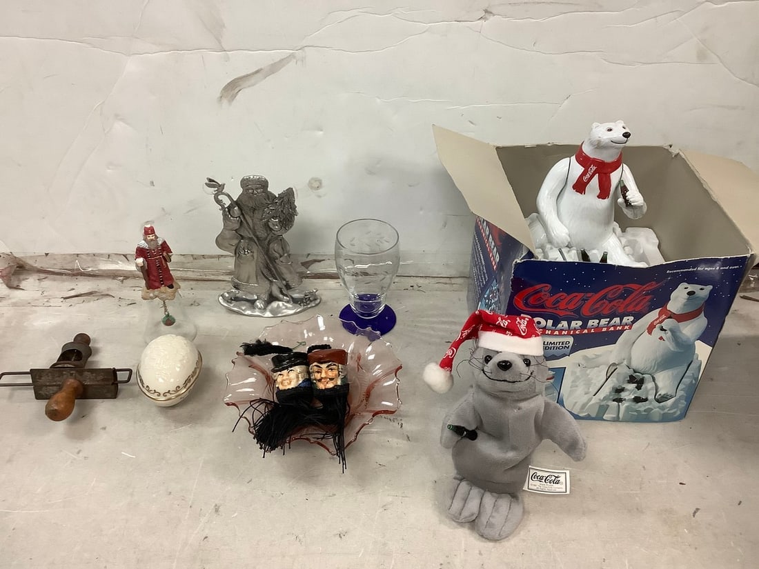 Vintage coke polar bear mechanical bank,coca cola plush doll, trinkets, and more(tallest 7.5in.) (1 of 1)