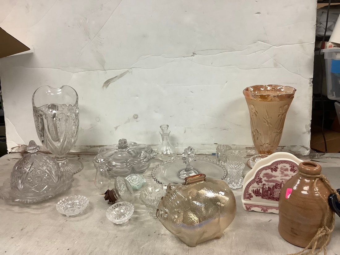 Lot of art glass vase(9in.tall), Johnson Bros. ceramic napkin holder, glass pitcher(10in. tall), and (1 of 1)