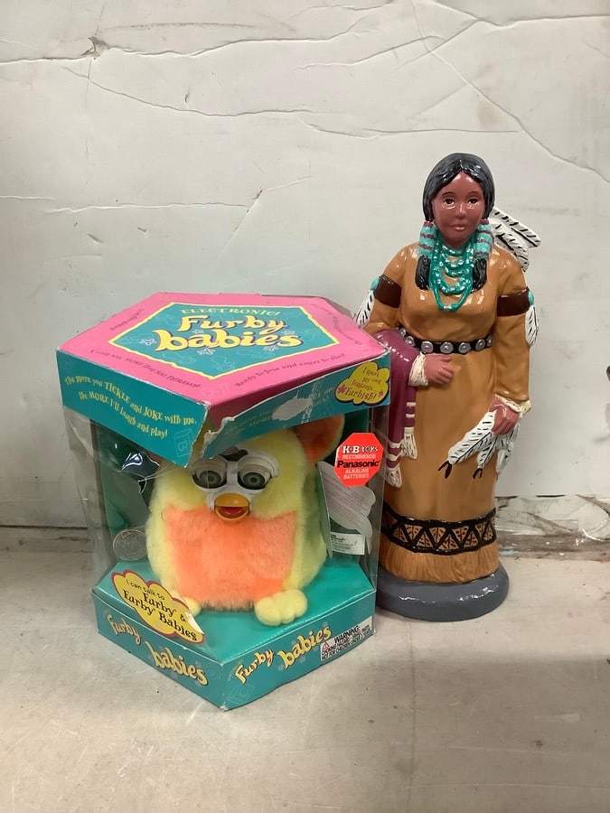 Lot of vintage Furby babies doll and native statue (10.5in.tall): Lot of vintage Furby babies doll and native statue (10.5in.tall)