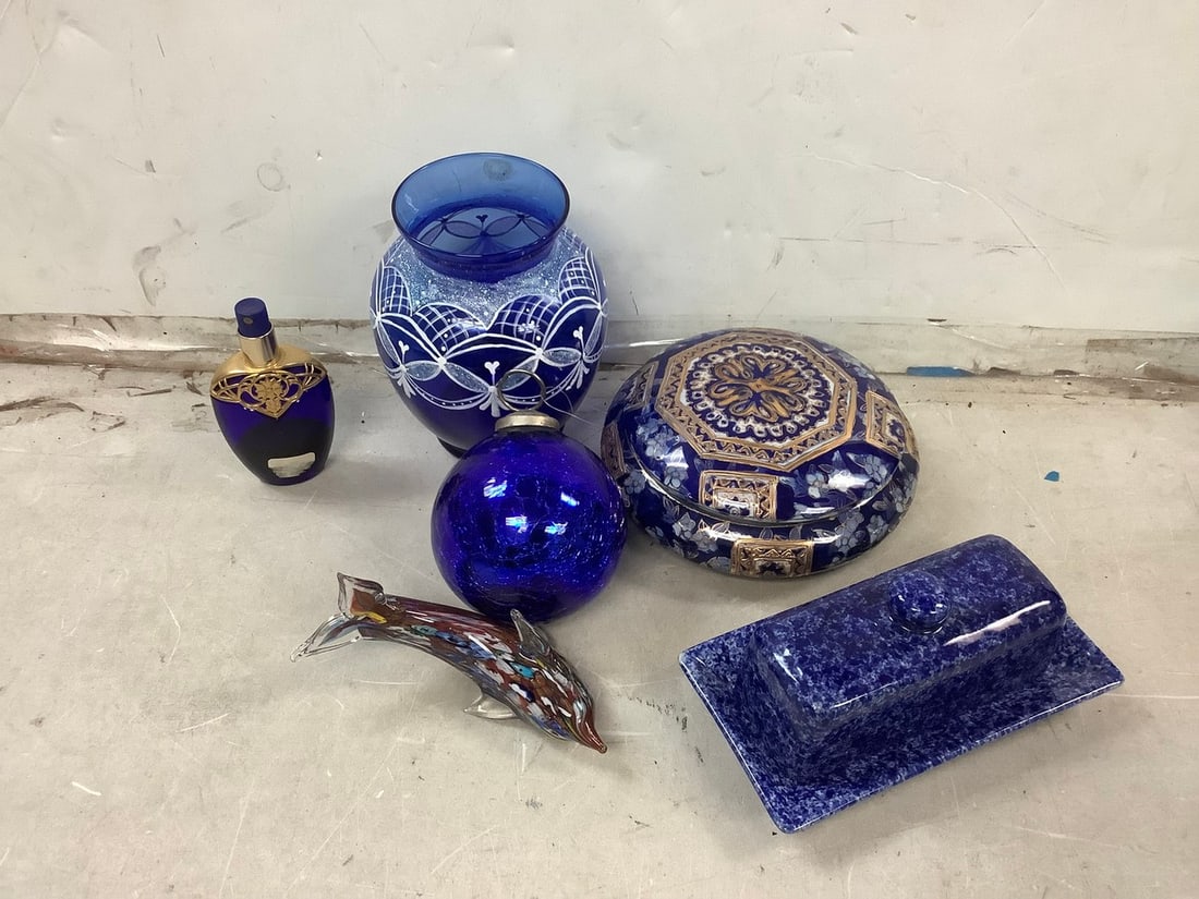 Lot of blue glass vase (6.5in.tall),decorative ceramic butter dish, decorative ceramic container, (1 of 1)